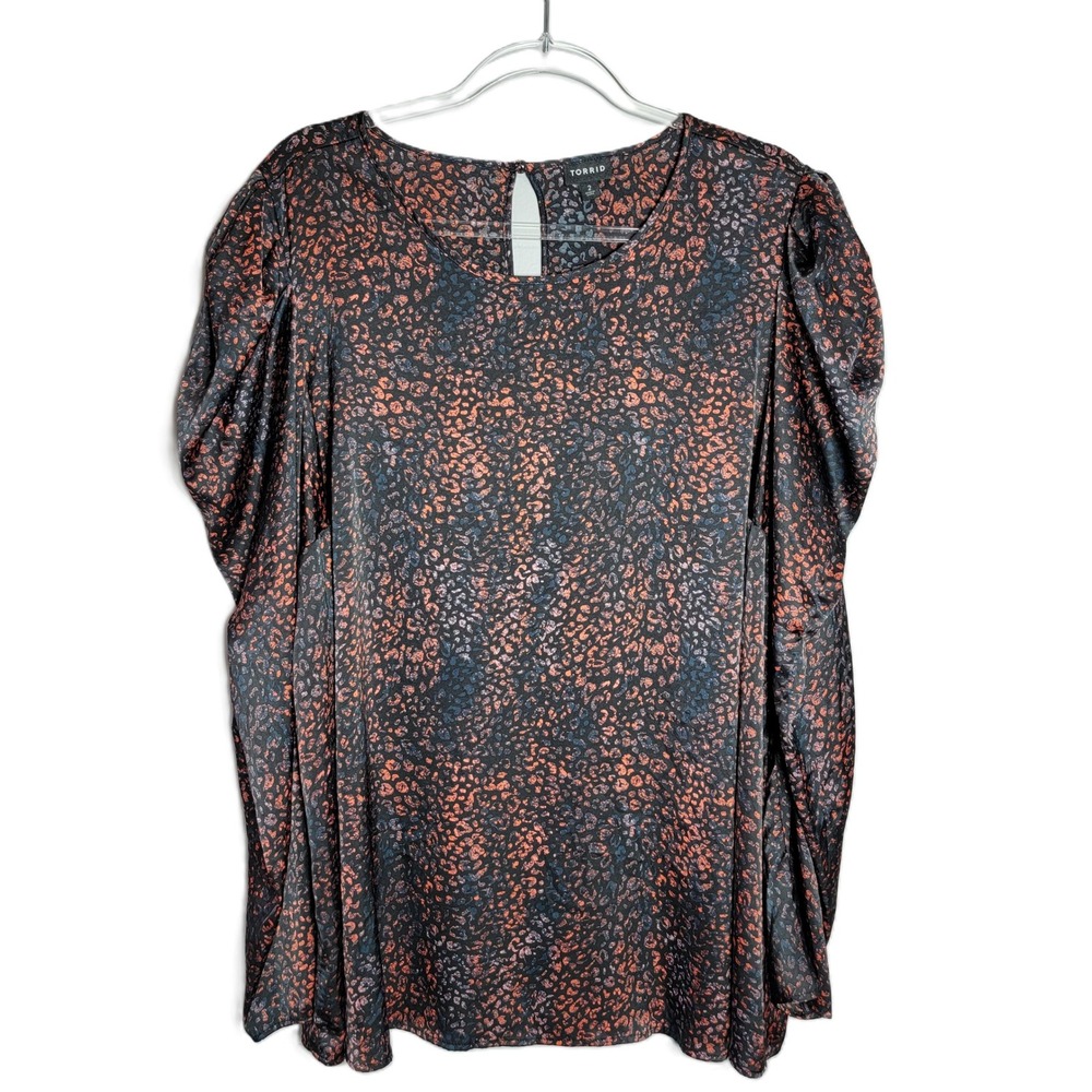 Torrid Womens Plus Size 2X Black‎ Animal Print Puff Sleeve Satin Blouse Top